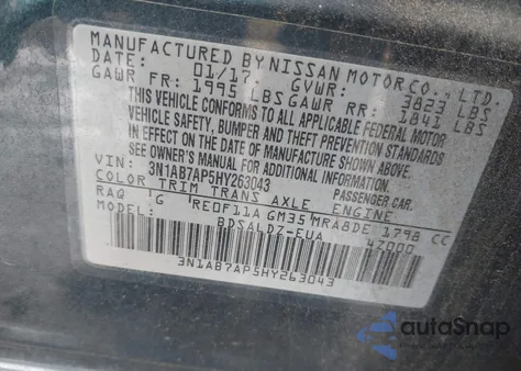 2017 Nissan Sentra Sv from USA, damaged, VIN 3N1AB7AP5HY263043